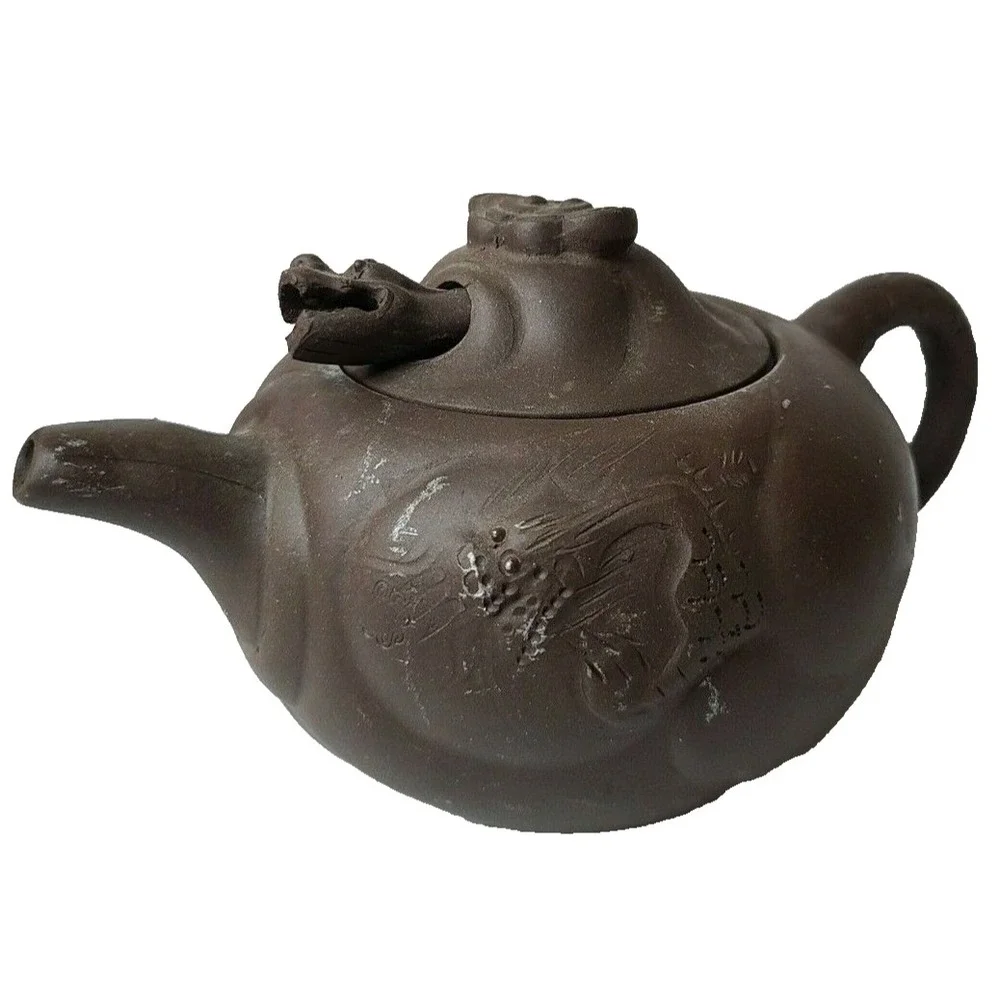 Vintage Chinese Brown Clay Yi Xing Teapot Movable Dragon Head Marked Lid
